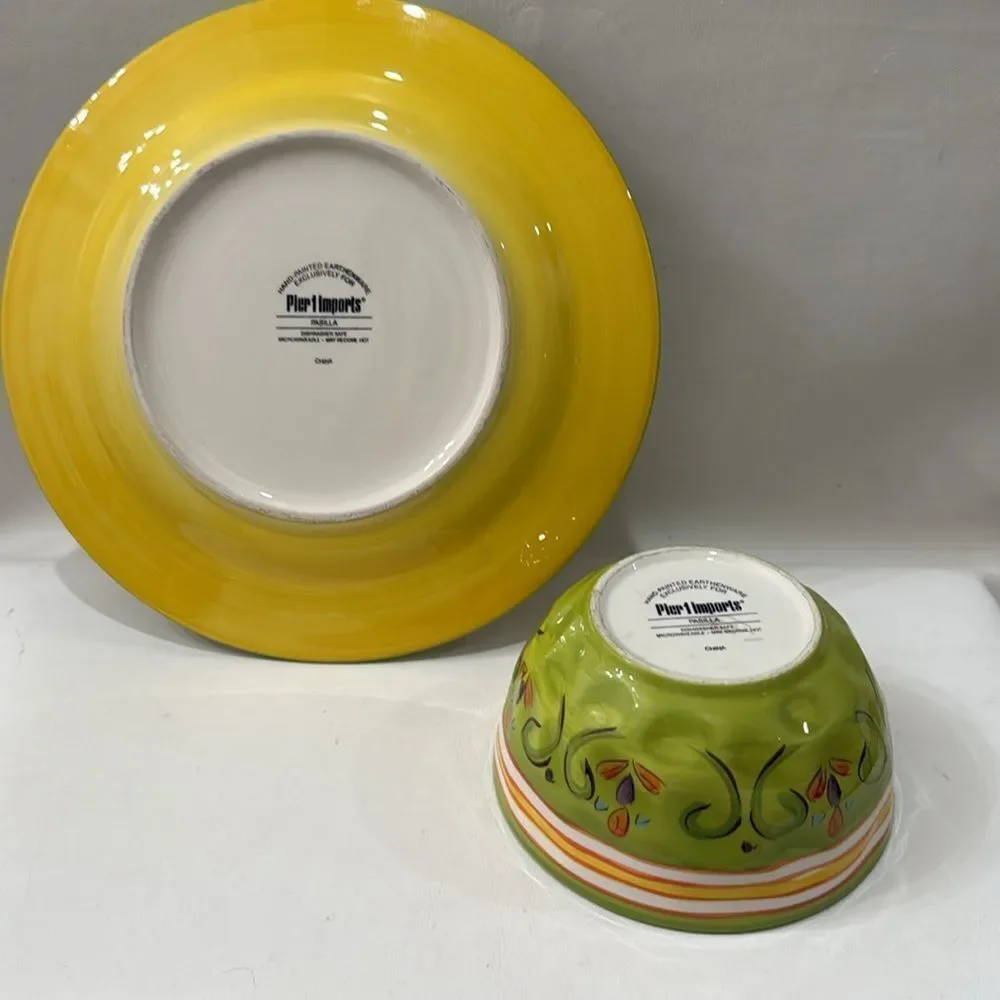 Pier 1 Pasilla Vibrant Green Yellow 10 3/4 In Plate & 5 1/2 Round Bowl 3 In Ta